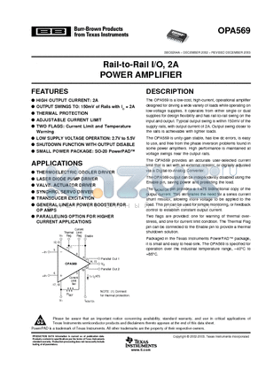 OPA569 datasheet - Rail-to-Rail I/O, 2A POWER AMPLIFIER