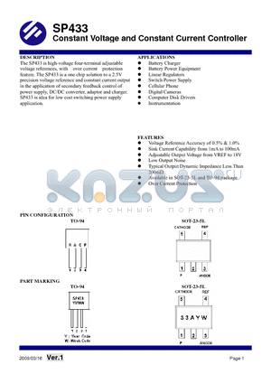 SP433 datasheet - Constant Voltage and Constant Current Controller