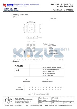 SP43302 datasheet - 433.92MHz RF SAW Filter 0.6MHz Bandwidth