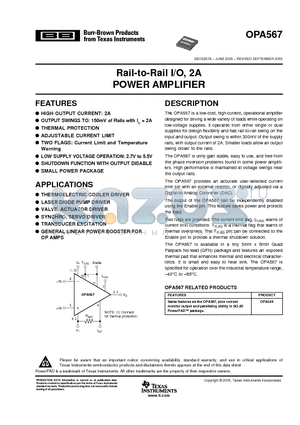 OPA567AIRHGRG4 datasheet - Rail-to-Rail I/O, 2A POWER AMPLIFIER