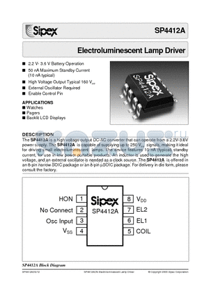 SP4412 datasheet - Electroluminescent Lamp Driver