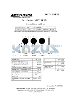 MS321R036-B datasheet - Circuit Protection Thermistors