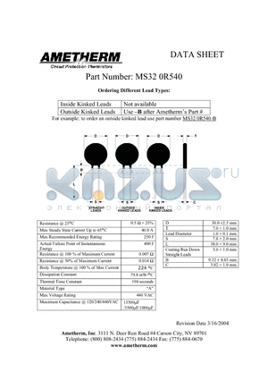 MS320R540 datasheet - Circuit Protection Thermistors