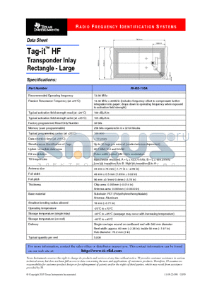 RI-I02-110A datasheet - Tag-it HF Transponder Inlay Rectangle - Large