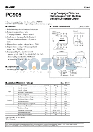 PC905 datasheet - Long Creepage Distance Photocoupler with Built-in Voltage Detection Circuit