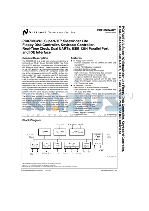 PC87303 datasheet - PC87303VUL SuperI/OTM Sidewinder Lite Floppy Disk Controller, Keyboard Controller, Real-Time Clock, Dual UARTs, IEEE 1284 Parallel Port, and IDE Inter