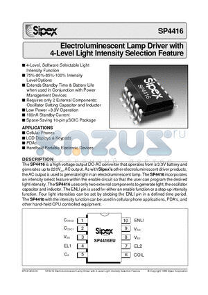 SP4416 datasheet - Electroluminescent Lamp Driver with 4-Level Light Intensity Selection Feature