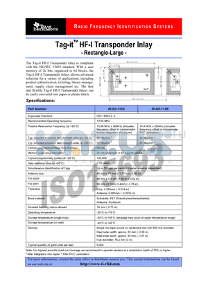 RI-I02-112B datasheet - Tag-it HF-I Transponder Inlay