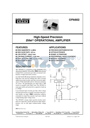 OPA602BP datasheet - High-Speed Precision Difet OPERATIONAL AMPLIFIER