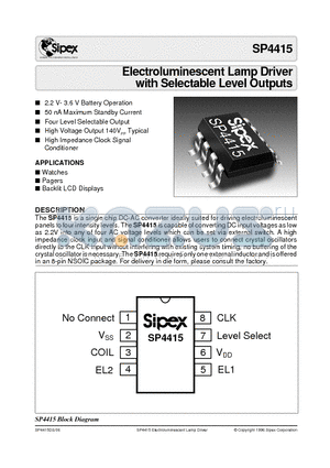 SP4415 datasheet - Electroluminescent Lamp Driver with Selectable Level Outputs