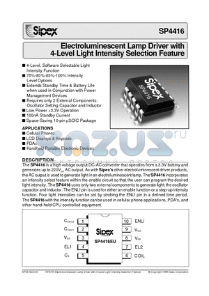 SP4416EU datasheet - Electroluminescent Lamp Driver with 4-Level Light Intensity Selection Feature