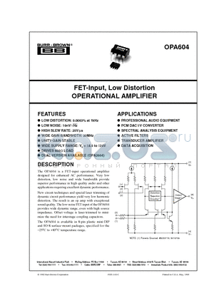 OPA604 datasheet - FET-Input, Low Distortion OPERATIONAL AMPLIFIER