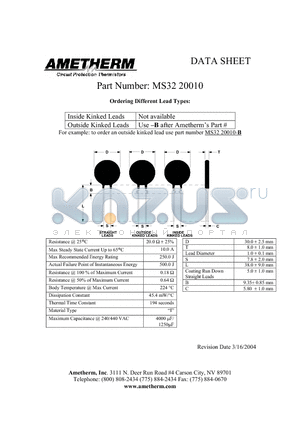 MS3220010-B datasheet - Circuit Protection Thermistors