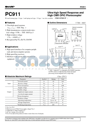 PC911 datasheet - Ultra-high Speed Response and High CMR OPIC Photocoupler