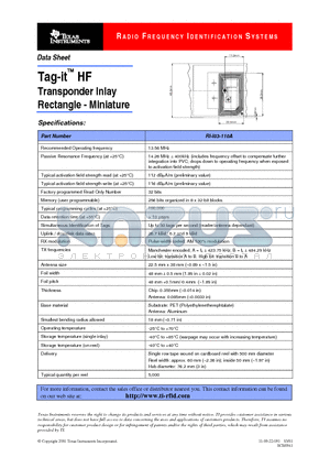 RI-I03-110A datasheet - Tag-it HF Transponder Inlay Rectangle - Miniature
