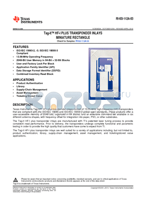 RI-I03-112A-03_10 datasheet - Tag-it HF-I PLUS TRANSPONDER INLAYS MINIATURE RECTANGLE