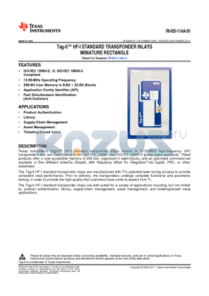 RI-I03-114A-01 datasheet - Tag-it HF-I STANDARD TRANSPONDER INLAYS MINIATURE RECTANGLE