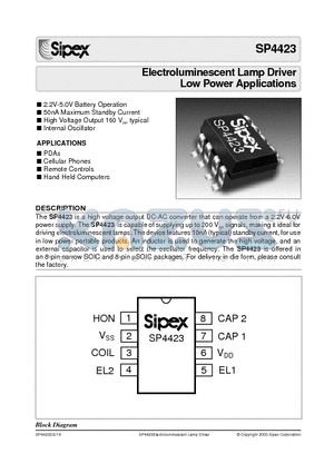 SP4423CU datasheet - Electroluminescent Lamp Driver Low Power Applications