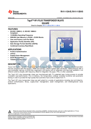 RI-I11-112A-03_12 datasheet - Tag-it HF-I PLUS TRANSPONDER INLAYS SQUARE