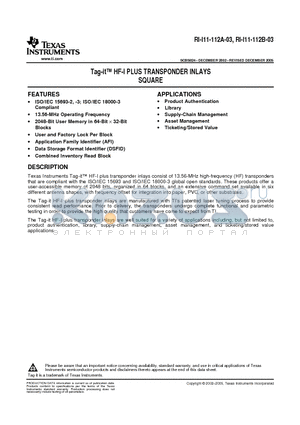 RI-I11-112B-03 datasheet - Tag-it HF-I PLUS TRANSPONDER INLAYS SQUARE