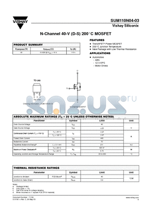 SUM110N04-03 datasheet - N-Channel 40-V (D-S) 200C MOSFET