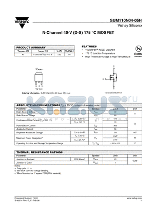 SUM110N04-05H datasheet - N-Channel 40-V (D-S) 175 `C MOSFET