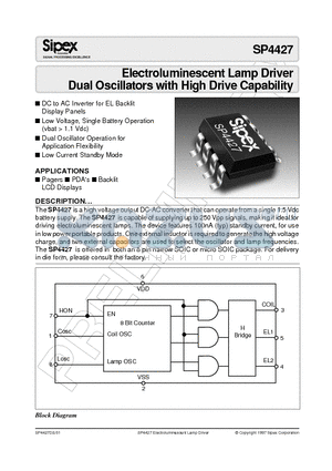 SP4427CX datasheet - Electroluminescent Lamp Driver Dual Oscillators with High Drive Capability