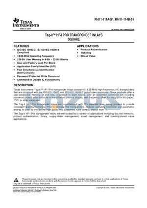 RI-I11-114B-S1 datasheet - Tag-it HF-I PRO TRANSPONDER INLAYS SQUARE