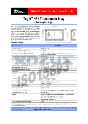 RI-I12-112A datasheet - Tag-it  HF-I Transponder Inlay - Rectangle-Large -