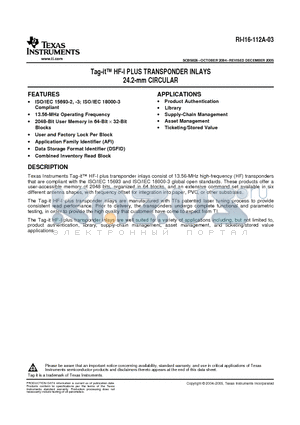 RI-I16-112A-03 datasheet - Tag-it HF-I PLUS TRANSPONDER INLAYS 24.2-mm CIRCULAR