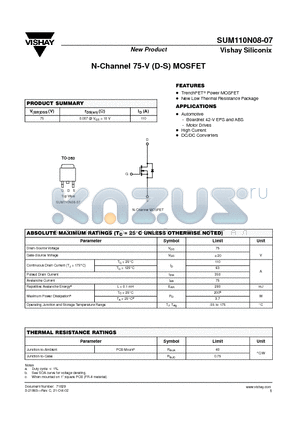 SUM110N08-07 datasheet - N-Channel 75-V (D-S) MOSFET