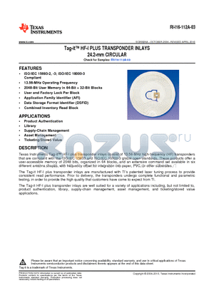 RI-I16-112A-03 datasheet - Tag-it HF-I PLUS TRANSPONDER INLAYS 24.2-mm CIRCULAR