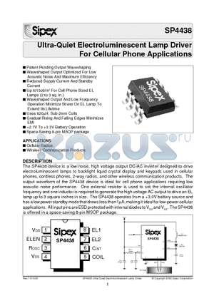 SP4438 datasheet - Ultra-Quiet Electroluminescent Lamp Driver For Cellular Phone Applications