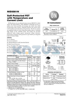 NID5001NT4 datasheet - Self−Protected FET with Temperature and Current Limit