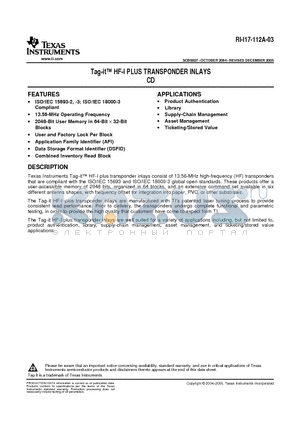 RI-I17-112A-03 datasheet - Tag-it HF-I PLUS TRANSPONDER INLAYS CD