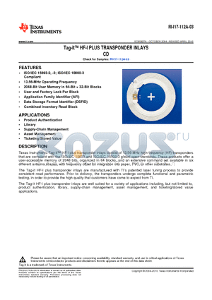 RI-I17-112A-03 datasheet - Tag-it HF-I PLUS TRANSPONDER INLAYS CD