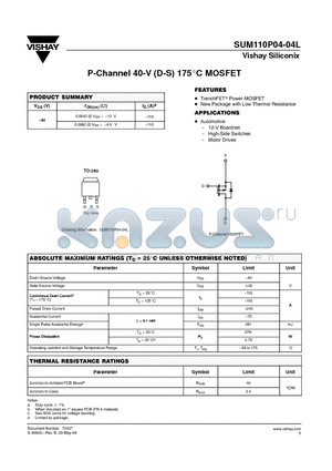 SUM110P04-04L datasheet - P-Channel 40-V (D-S) 175-LC MOSFET