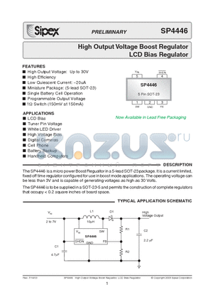 SP4446EK datasheet - High Output Voltage Boost Regulator LCD Bias Regulator