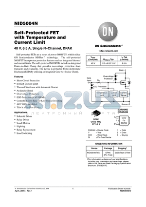 NID5004N datasheet - Self−Protected FET with Temperature and Current Limit