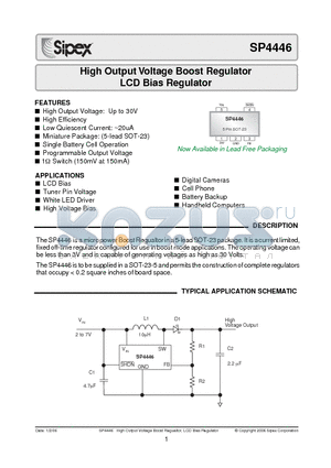 SP4446EK datasheet - High Output Voltage Boost Regulator LCD Bias Regulator