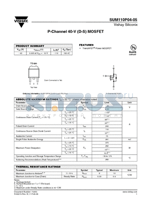 SUM110P04-05-E3 datasheet - P-Channel 40-V (D-S) MOSFET