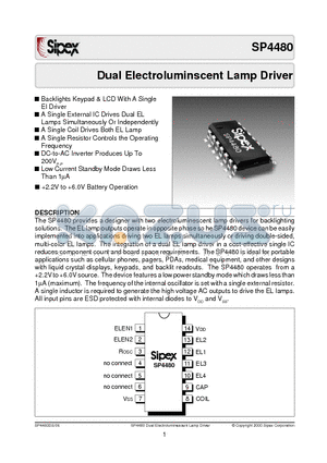 SP4480 datasheet - Dual Electroluminscent Lamp Driver