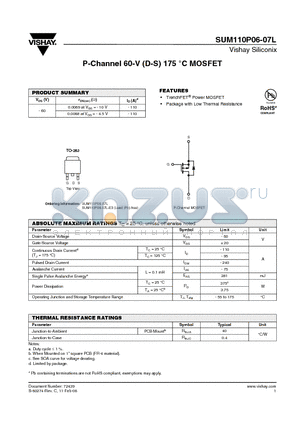 SUM110P06-07L_08 datasheet - P-Channel 60-V (D-S) 175 `C MOSFET