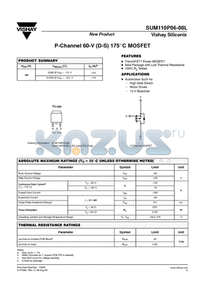 SUM110P06-08L datasheet - P-Channel 60-V (D-S) 175 Degrees Celcious MOSFET