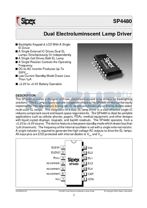 SP4480EY datasheet - Dual Electroluminscent Lamp Driver