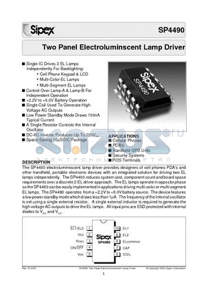 SP4490 datasheet - Two Panel Electroluminscent Lamp Driver