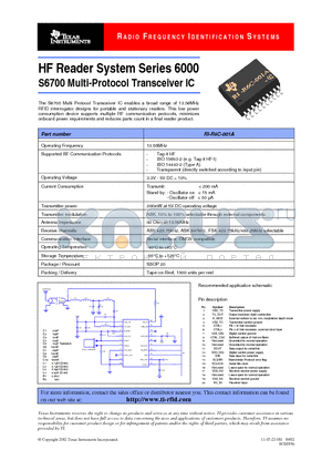 RI-R6C-001A datasheet - HF Reader System Series 6000 S6700 Multi-Protocol Transceiver IC