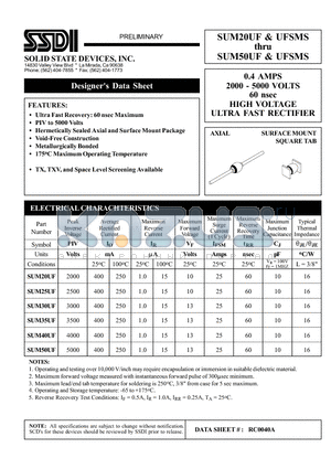 SUM20UF datasheet - 0.4 AMPS 2000 - 5000 VOLTS 60 nsec HIGH VOLTAGE ULTRA FAST RECTIFIER