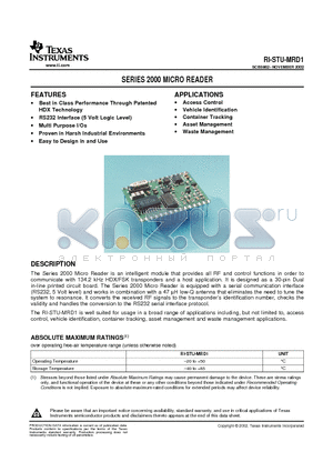 RI-STU-MRD1 datasheet - SERIES 2000 MICRO READER