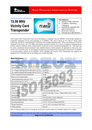RI-TH1-CB1A datasheet - 13.56 MHz Vicinity Card Transponder